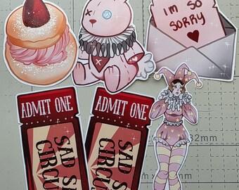 Sad Sap Circus Stickers: Clown, Bunny, Tickets, Strawberry Pastry (Waterproof Vinyl)