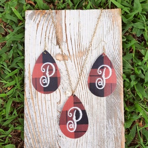Monogrammed buffalo plaid earring necklace set, faux leather earrings, mother&#39;s day gift from daughter, personalized gifts for women