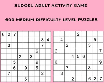 SUDOKU Adult Activity Game Downloadable Printable Puzzles 600 Total MEDIUM Difficulty Puzzles. No physical Book or Item.