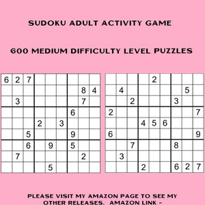 SUDOKU Adult Activity Game Downloadable Printable Puzzles 600 Total MEDIUM Difficulty Puzzles