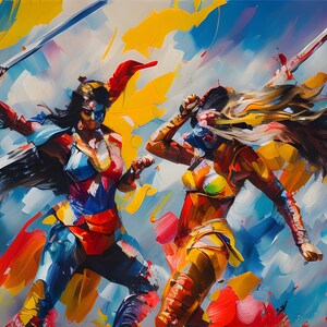 Femme guerrière Comic Book Superhero Queen Aquarelle Peinture à l'huile Style Clip Art Image Ensemble de 3 Téléchargement numérique 3000x2000px PNG