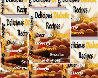 May include: A stack of eight books titled "Delicious Diabetic Recipes" with a yellow and brown cover featuring a rolling pin and eggs. The book contains over 500 recipes for desserts, entrees, snacks, and more.