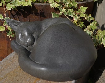 Life-sized Cat Urn in Slate Resin. Cat Curled Up, by Christine Baxter