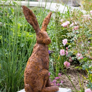 Hare (Listening Hare) Garden Sculpture in Rusted Iron Resin by Christine Baxter