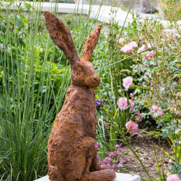 Hare (Listening Hare) Garden Sculpture in Rusted Iron Resin by Christine Baxter