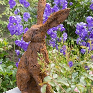 Hare (Listening Hare) Garden Sculpture in Rusted Iron Resin by Christine Baxter