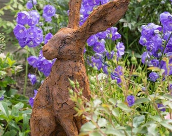 Hare (Listening Hare) Garden Sculpture in Rusted Iron Resin by Christine Baxter