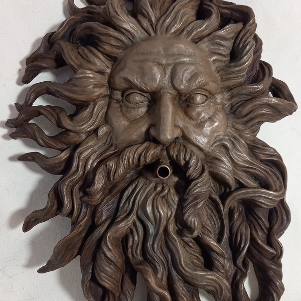 Neptune head Water Feature Spitter, Bronze resin verdigris patina by Christine Baxter