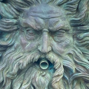 Neptune head Water Feature Spitter, Bronze resin verdigris patina by Christine Baxter