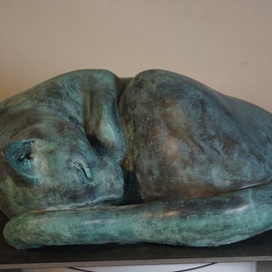 Curled up cat Bronze Sculpture Verdigris by Christine Baxter