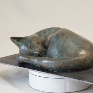 Curled up cat Bronze Sculpture Verdigris by Christine Baxter