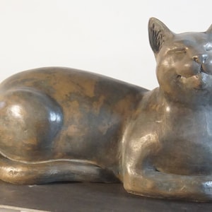 Smug Cat Life Size Bronze Resin verdigris patina Sculpture by Christine Baxter