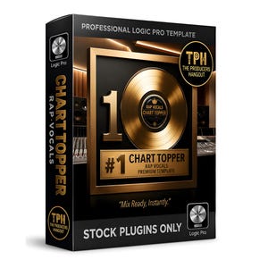 May include: A rectangular box for a professional Logic Pro template titled Chart Topper Rap Vocals. The design features a gold record graphic, the number 10, and the text Stock Plugins Only. It includes the Producers Hangout logo and branding.