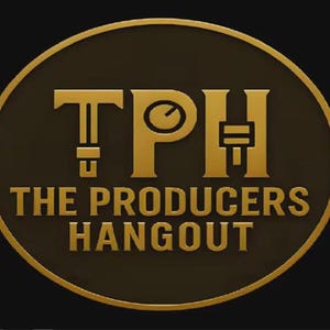 May include: A circular gold-coloured emblem on a black background featuring the letters TPH in a stylised font, with a small clock icon inside the letter P. Below the letters, the text THE PRODUCERS HANGOUT is displayed in gold capital letters.