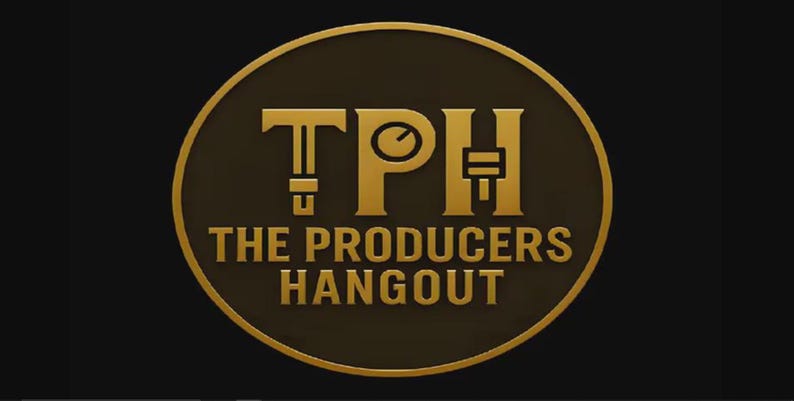 May include: A circular gold-coloured emblem on a black background featuring the letters TPH in a stylised font, with a small clock icon inside the letter P. Below the letters, the text THE PRODUCERS HANGOUT is displayed in gold capital letters.