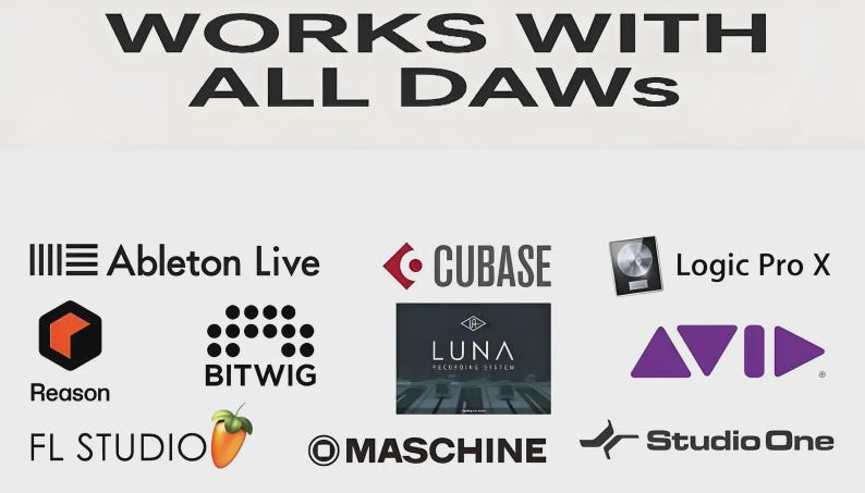 K&ouml;nnte beinhalten: Bild mit dem Text "WORKS WITH ALL DAWS". Logos von Musikproduktionssoftware, darunter Ableton Live, Cubase, Logic Pro X, Reason, Bitwig, FL Studio, LUNA, Maschine und Studio One, sind abgebildet.