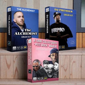 May include: Three drum kit boxes with artist portraits and text. The boxes are labelled "The Alchemist," "DJ Premier," and "A Tribe Called Quest - Pete Rock - Madlib." Each box includes "Drum Kit" text and audio specifications.