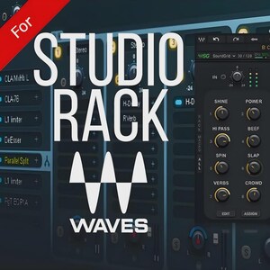 May include: A digital audio software interface titled StudioRack by Waves, featuring a dark blue background with a vertical control panel on the right. The panel includes eight labelled knobs: Shine, Power, Hi Pass, Beef, Spin, Slap, Verbs, and Crowd.