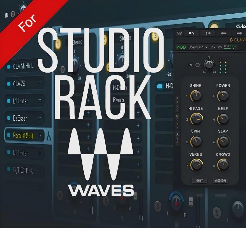 May include: A digital audio software interface titled StudioRack by Waves, featuring a dark blue background with a vertical control panel on the right. The panel includes eight labelled knobs: Shine, Power, Hi Pass, Beef, Spin, Slap, Verbs, and Crowd.