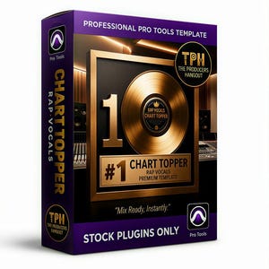 Könnte beinhalten: Eine violette Software-Box für eine professionelle Pro Tools-Vorlage mit dem Titel Chart Topper Rap Vocals. Die Box zeigt eine goldene Schallplattengrafik, den Text #1 Chart Topper Rap Vocals Premium Template, Mix Ready, Instantly und Stock Plugins Only.