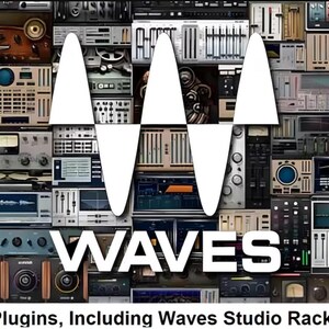 May include: A collage of various audio processing interface panels featuring knobs, sliders, and digital displays. Centered is a large white W logo above the text WAVES. Below the collage, the text reads: Uses Waves Plugins, Including Waves Studio Rack Plugin.