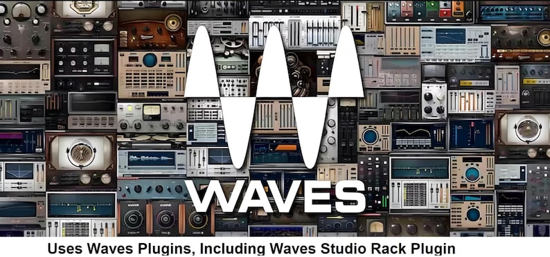May include: A collage of various audio processing interface panels featuring knobs, sliders, and digital displays. Centered is a large white W logo above the text WAVES. Below the collage, the text reads: Uses Waves Plugins, Including Waves Studio Rack Plugin.