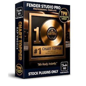 May include: A rectangular box for Fender Studio Pro professional template software. The front features a gold record graphic, the text #1 CHART TOPPER RAP VOCALS PREMIUM TEMPLATE, and the phrase Mix Ready, Instantly. STOCK PLUGINS ONLY is printed below.