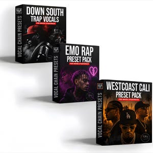 May include: Three rectangular software boxes for Waves StudioRack. The top box is black with the text Down South Trap Vocals. The middle box is purple with Emo Rap Preset Pack. The bottom box is orange with Westcoast Cali Preset Pack.