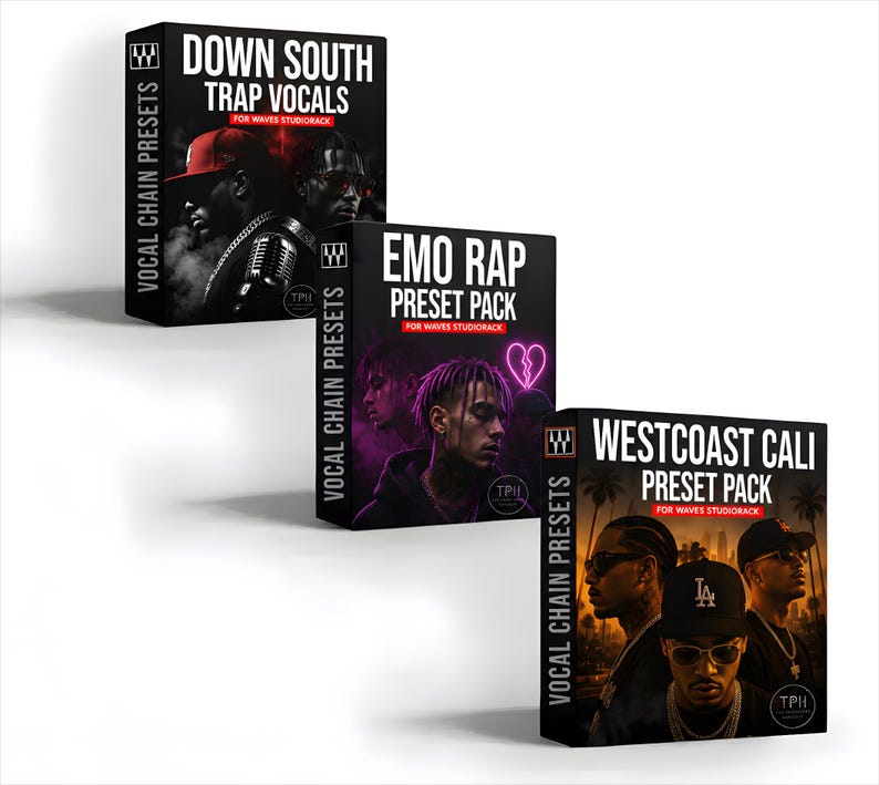 May include: Three rectangular software boxes for Waves StudioRack. The top box is black with the text Down South Trap Vocals. The middle box is purple with Emo Rap Preset Pack. The bottom box is orange with Westcoast Cali Preset Pack.