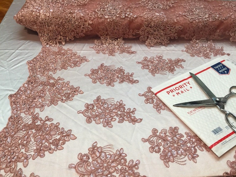 Dusty Rose Lace Fabric Corded Flowers Embroidery With Sequins For Wedding Dress Bridal Veil By The Yard