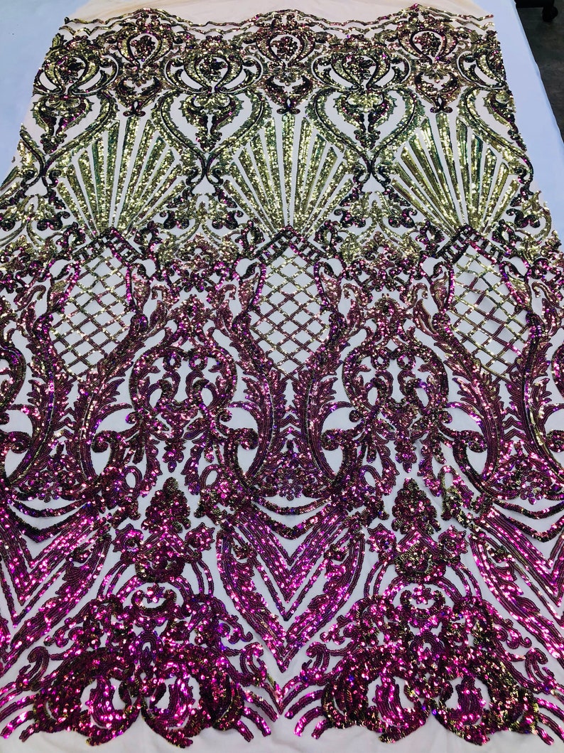 NEW Iridescent Purple Sequins On A Mesh 4 Way Stretch Nude Mesh For Dress Top Fashion Prom Fabric Night Gown Clothing By The Yard