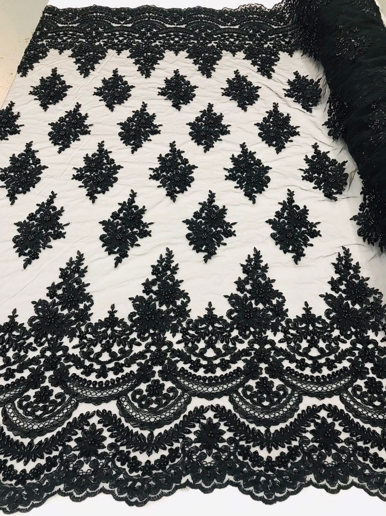 Black Beaded Fabric Lace Fabric By The Yard Embroidered | Etsy