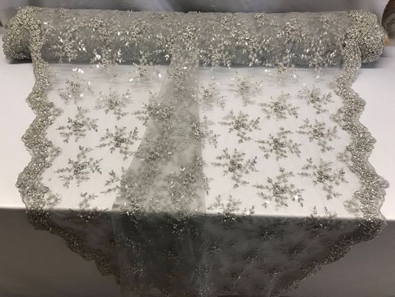 Perles tissu au mètre de - argent brodé dentelle de mètre mariée robe de maille fleur pour décoration de mariage 0421f0 Perles tissu au mètre de - argent brodé dentelle de mètre mariée robe de maille fleur pour décoration de mariage 0421f0