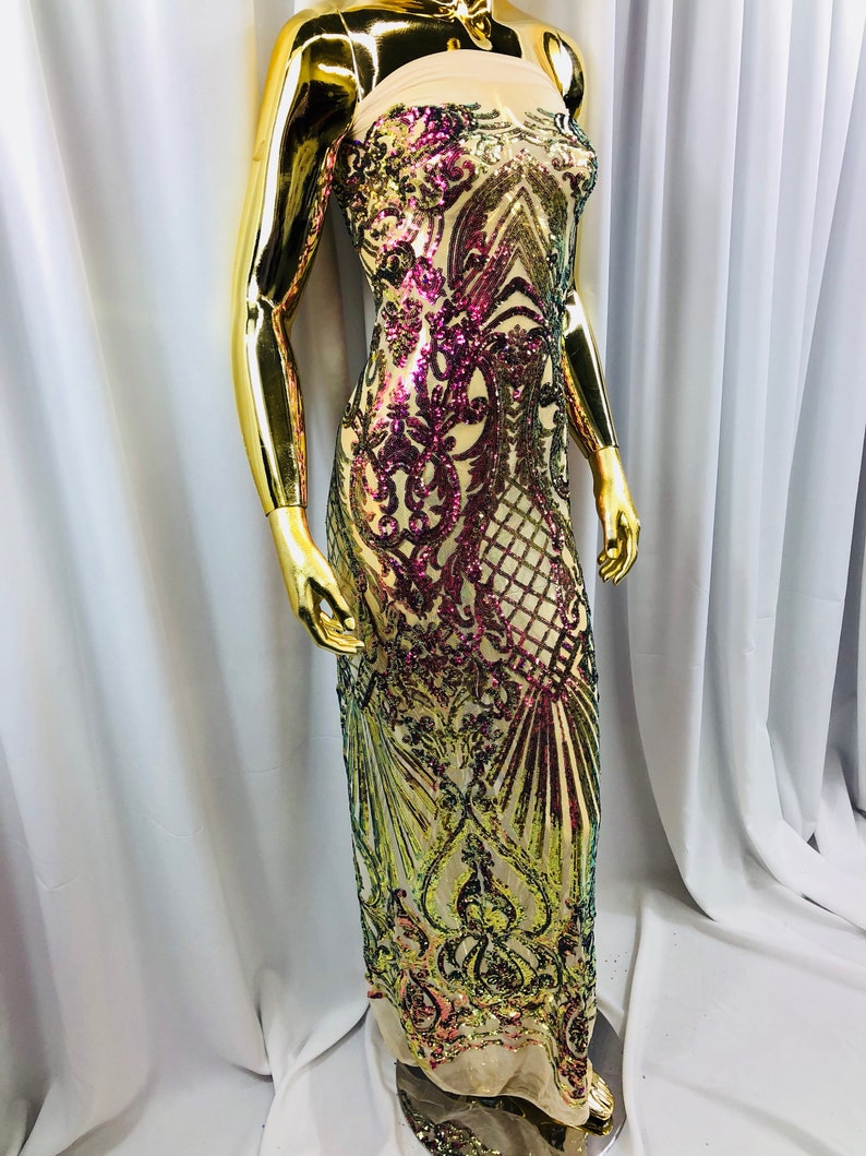 NEW Iridescent Purple Sequins On A Mesh 4 Way Stretch Nude Mesh For Dress Top Fashion Prom Fabric Night Gown Clothing By The Yard