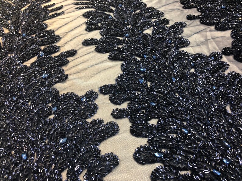 NAVY Peacock Feathers Sequins and Beaded Peacock Feathers Embroider On A Mesh For Dress-Prom-Gown-Fashion Sold By 2 Reathers
