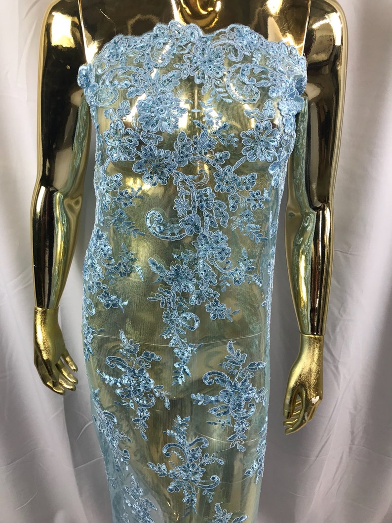 Corded Flowers-Floral Embroidery With Sequins For Wedding Dress Bridal Veil French Lace Fabric By The Yard Baby Blue Lace Fabric