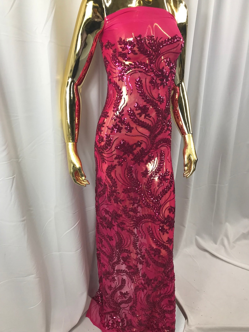 4 Way Stretch Fabric Embroidered Sequins Lace Fashion Dress Wedding Decoration By The Yard Fuchsia Power Mesh