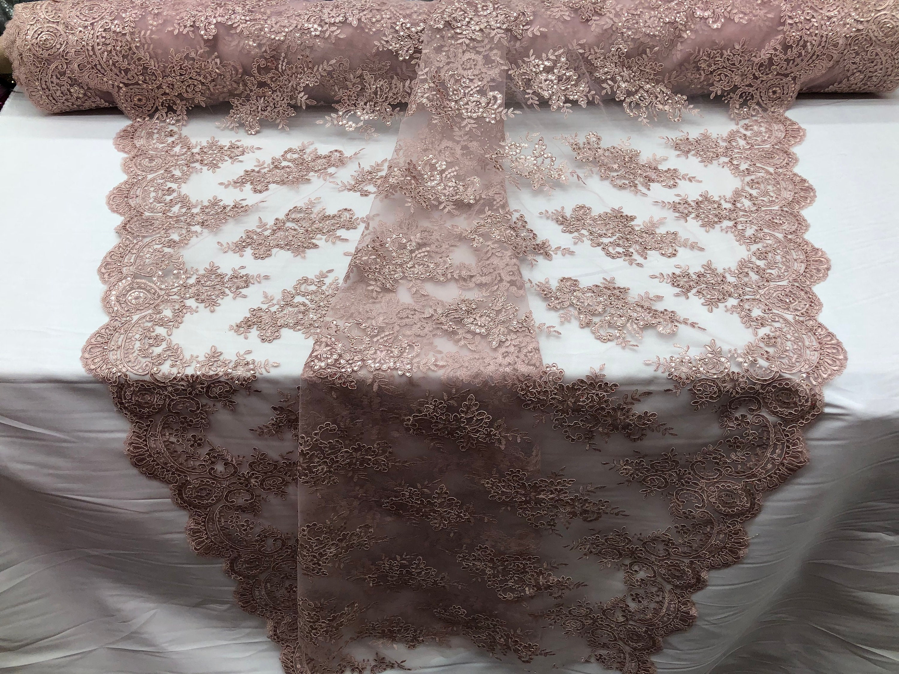 Dusty Rose Embroidered Fabric By The Yard Sequins Lace Bridal Mesh Wedding
