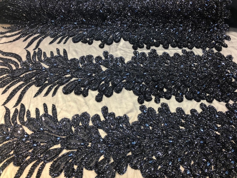 NAVY Peacock Feathers Sequins and Beaded Peacock Feathers Embroider On A Mesh For Dress-Prom-Gown-Fashion Sold By 2 Reathers