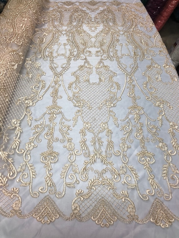 IVORY GOLD METALLIC EMBROIDERY MULTI SEQUINS BEIDAL LACE FABRIC 48/" WiIDE 1 YARD