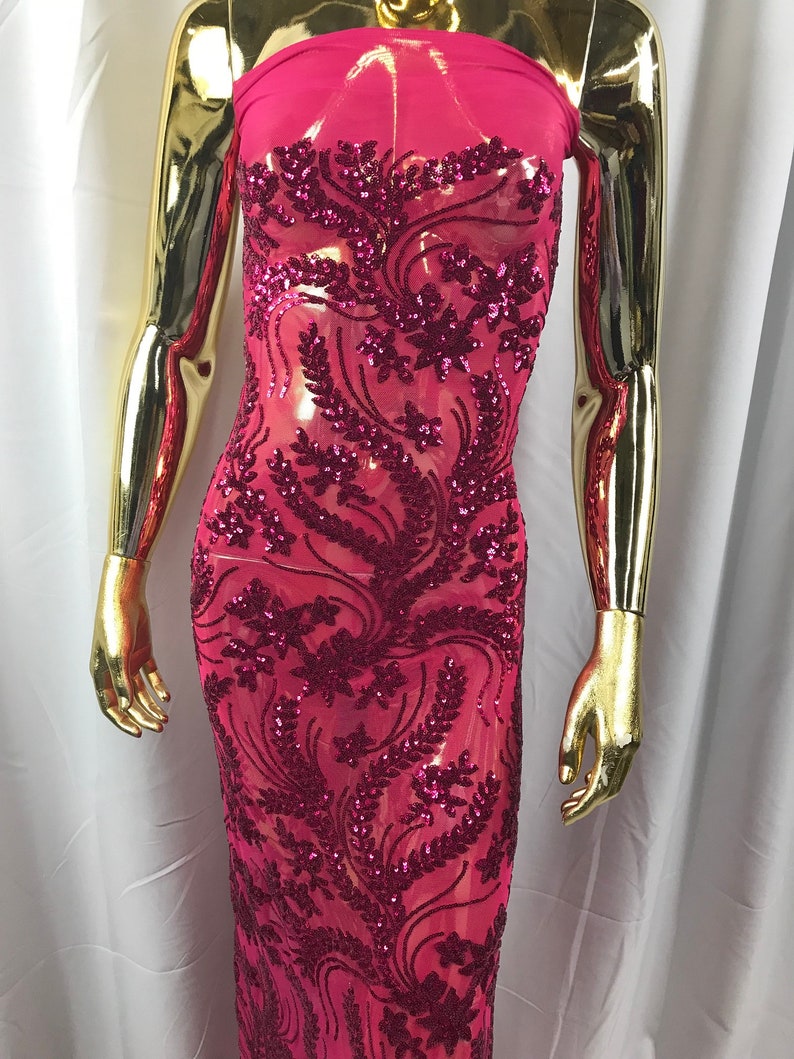4 Way Stretch Fabric Embroidered Sequins Lace Fashion Dress Wedding Decoration By The Yard Fuchsia Power Mesh