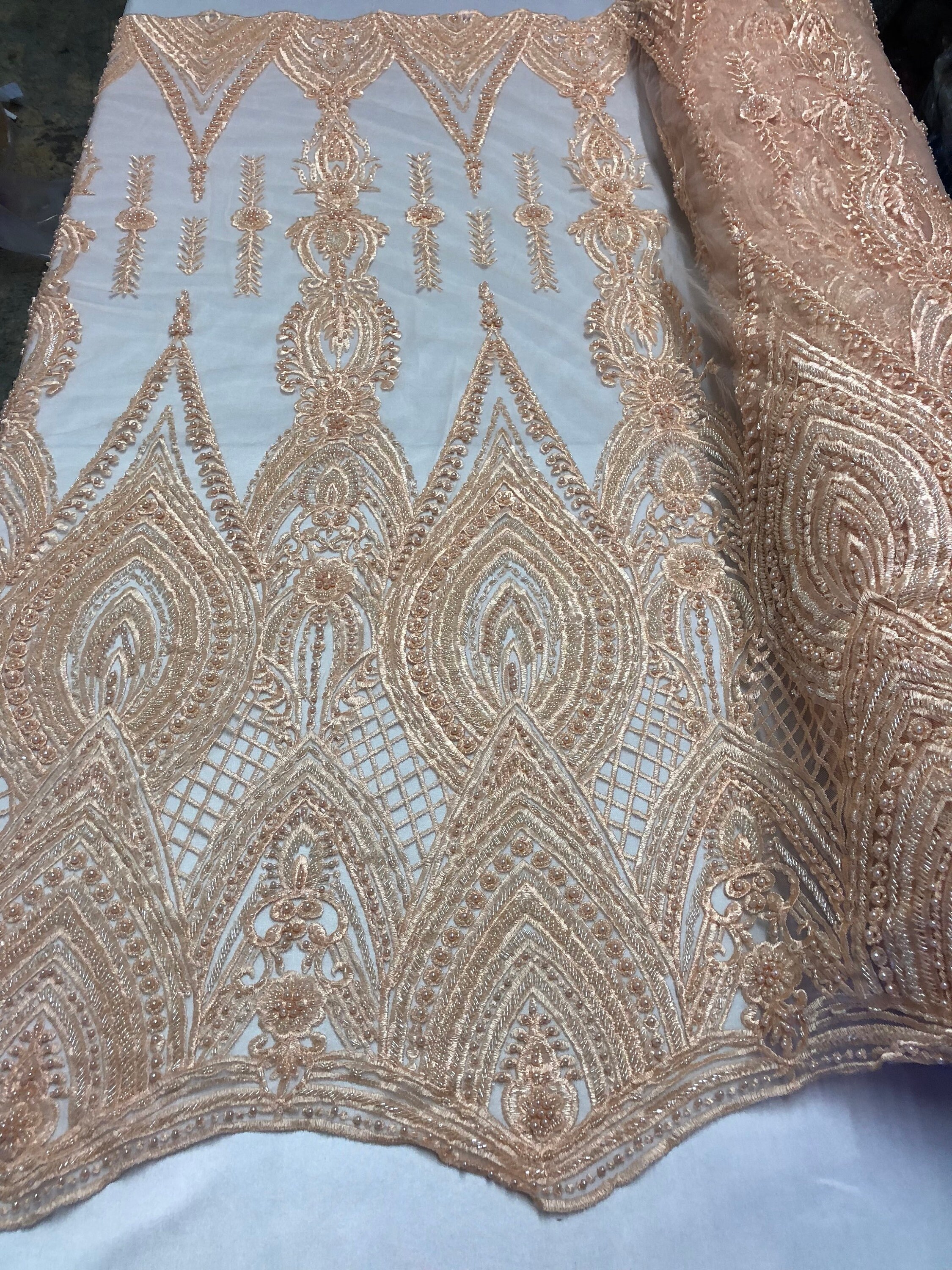 Pêche lourd tissu perlé-brodée de perles avec des paillettes sur une maille dentelle pour mariée voile / / Prom/robe/décorations de mariage par la Cour Pêche perlé-brodée lourd tissu perlé-brodée Pêche de perles avec des paillettes sur une maille dentelle pour mariée voile / / Prom/robe/décorations de mariage par la Cour 545acf