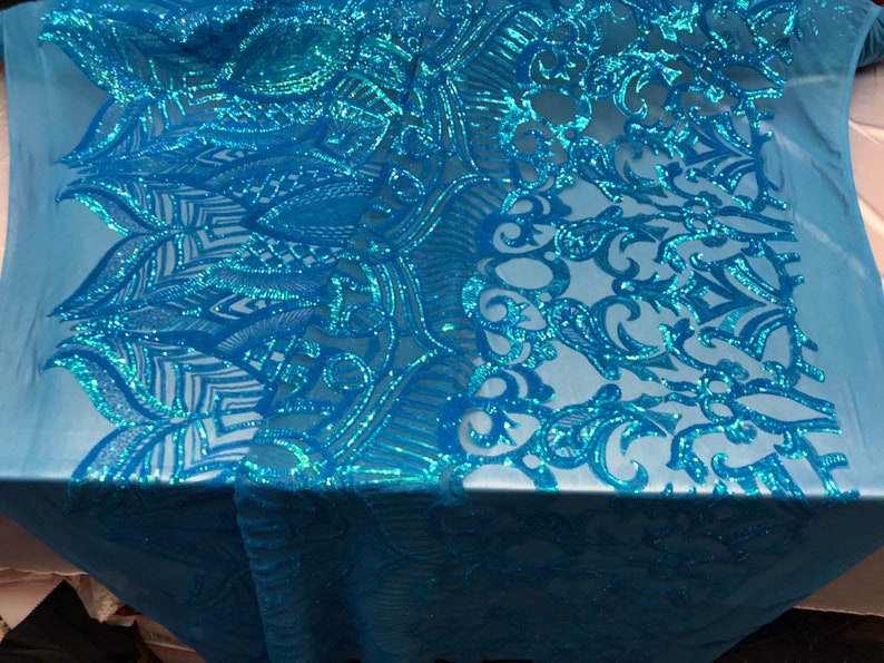 Iridescent Turquoise 4 Way Stretch Sequins Fabric Embroidered Mesh Sequin For Dress Top Fashion Prom Fabric Bridal Wedding By The Yard