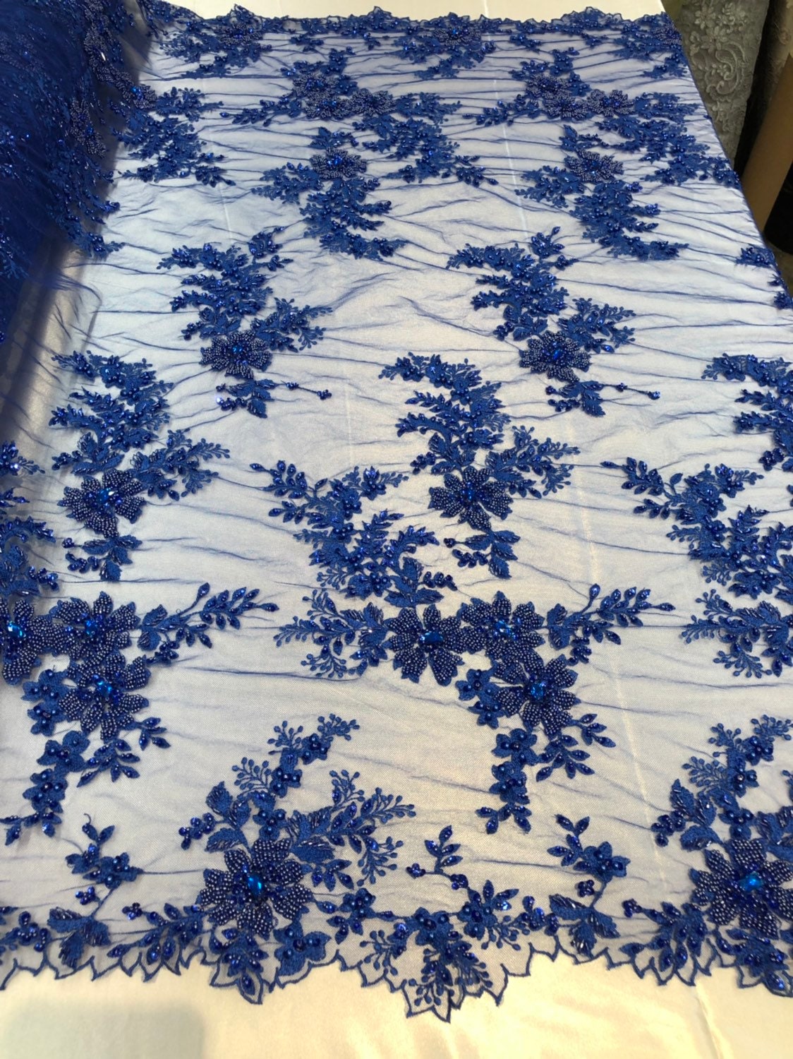Fabric Lace Beaded Embroidered Mesh Bridal Veil Royal Blue Wedding By The Yard