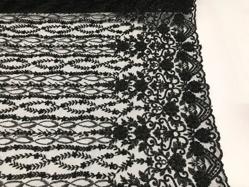 Bridal Veil Flower Beaded Fabric By The Yard Black Lace Etsy
