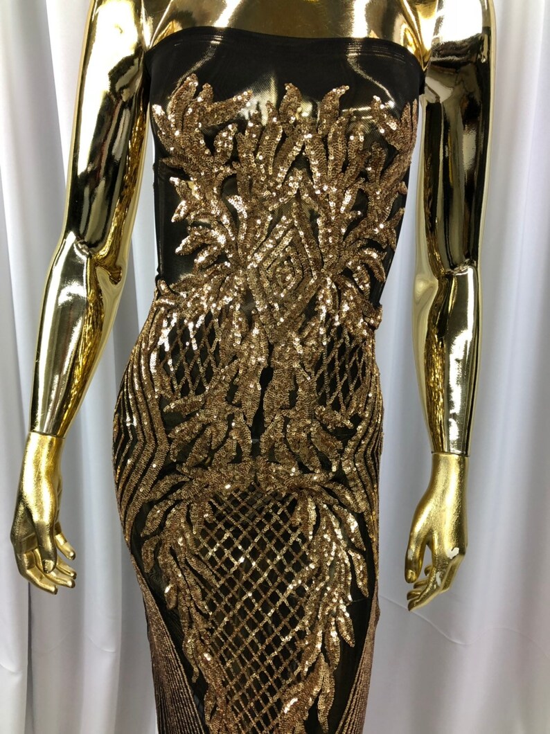 4 Way Stretch Sequins Fabric GOLD By The Yard Embroidered On Black Mesh Lace Fabric For Dress Top Fashion-Prom-Fabric-Lace-Gown