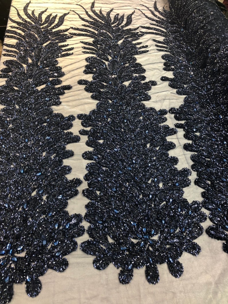 NAVY Peacock Feathers Sequins and Beaded Peacock Feathers Embroider On A Mesh For Dress-Prom-Gown-Fashion Sold By 2 Reathers