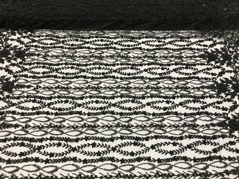 Bridal Veil Flower Beaded Fabric By The Yard Black Lace Etsy