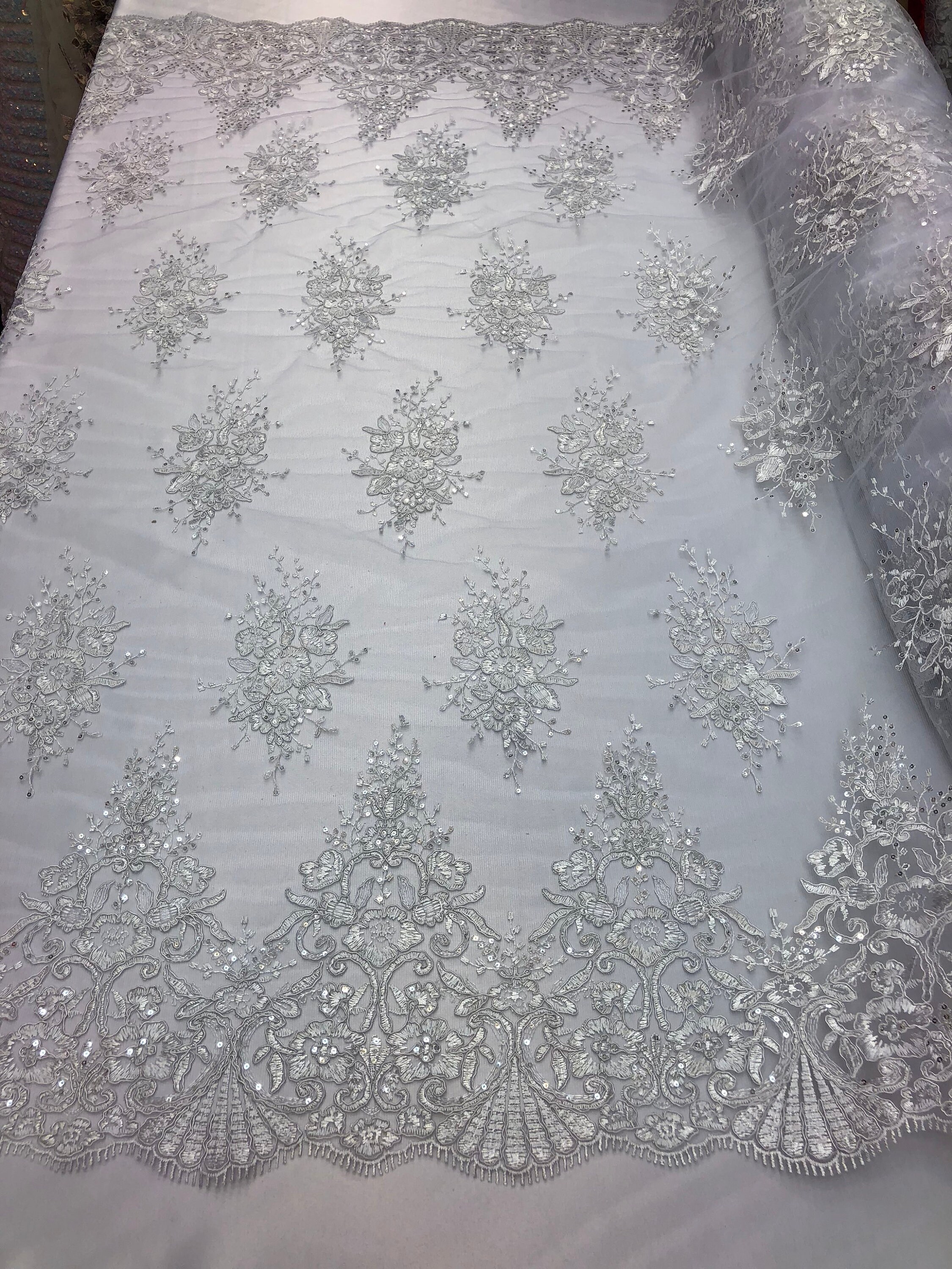 White Flower Lace Corded And Embroider With Mini-Sequins On A Mesh Lace.wedding.
