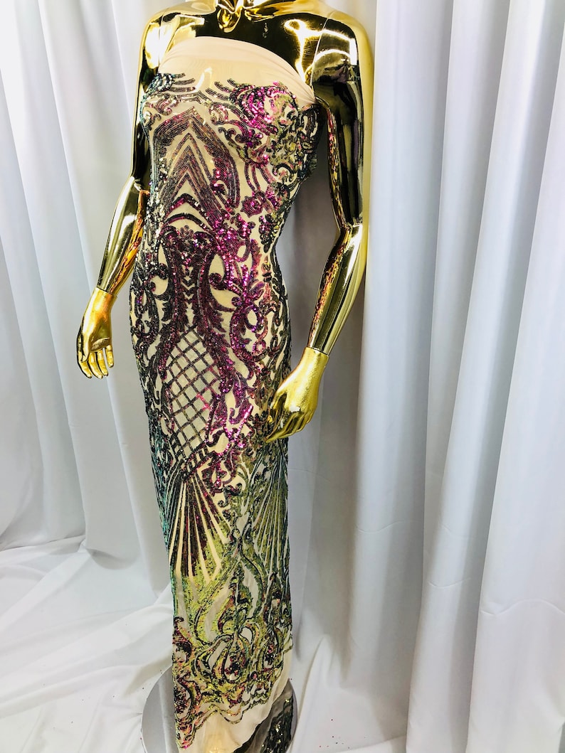 NEW Iridescent Purple Sequins On A Mesh 4 Way Stretch Nude Mesh For Dress Top Fashion Prom Fabric Night Gown Clothing By The Yard